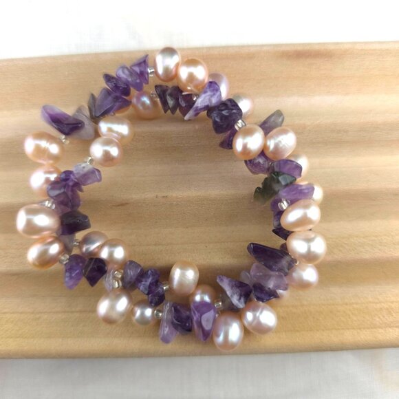 Amethyst & Freshwater Pearl Stretch Bracelet - Purple & Pink Beaded - Picture 5 of 7